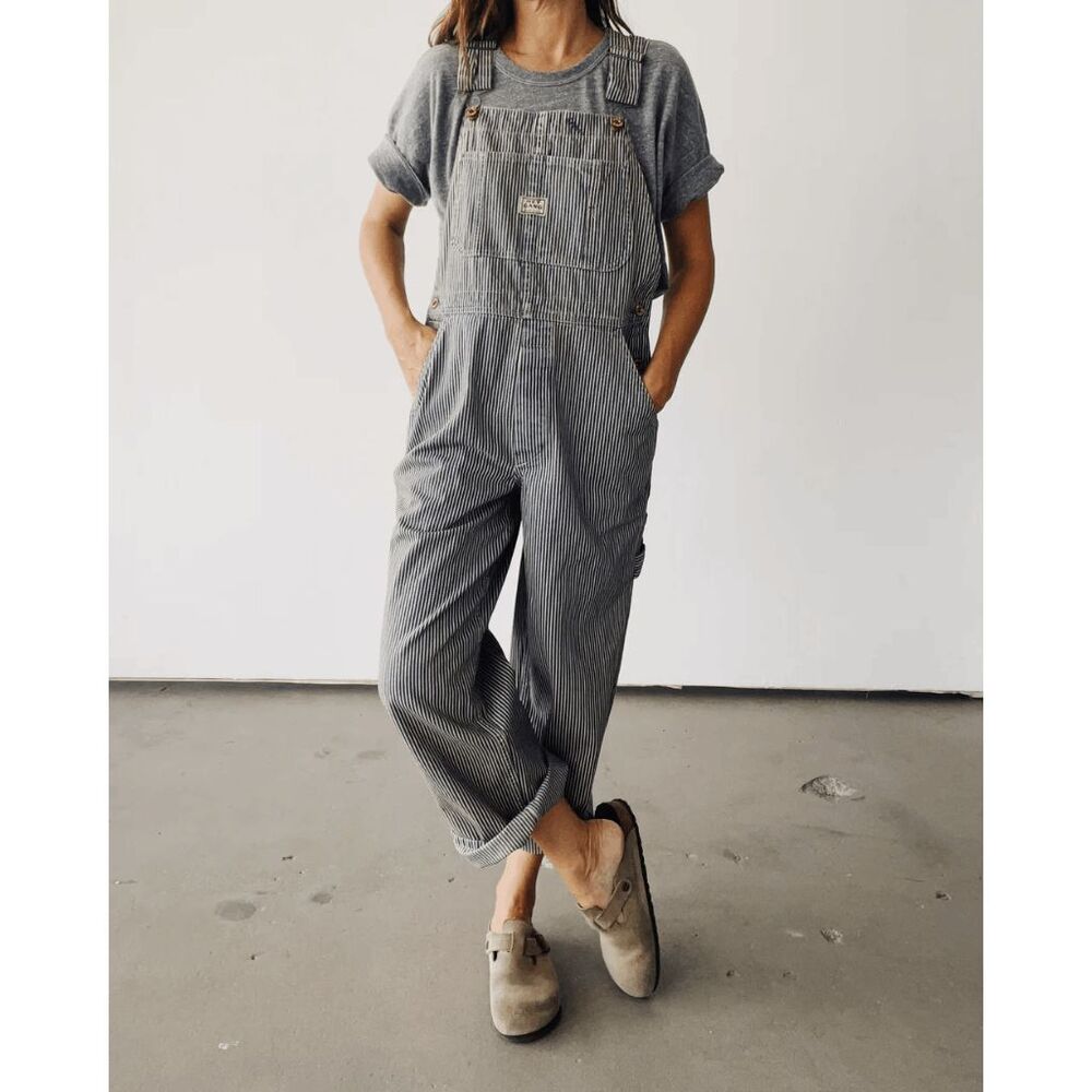 Hey Gang Blue White Railroad Striped The Miner Overalls Women's Size 0 XS
